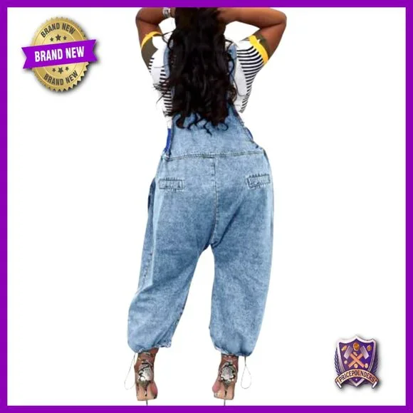 Women's Loose Fit Denim Overalls with Cargo Pockets Wide Leg Jumpsuit